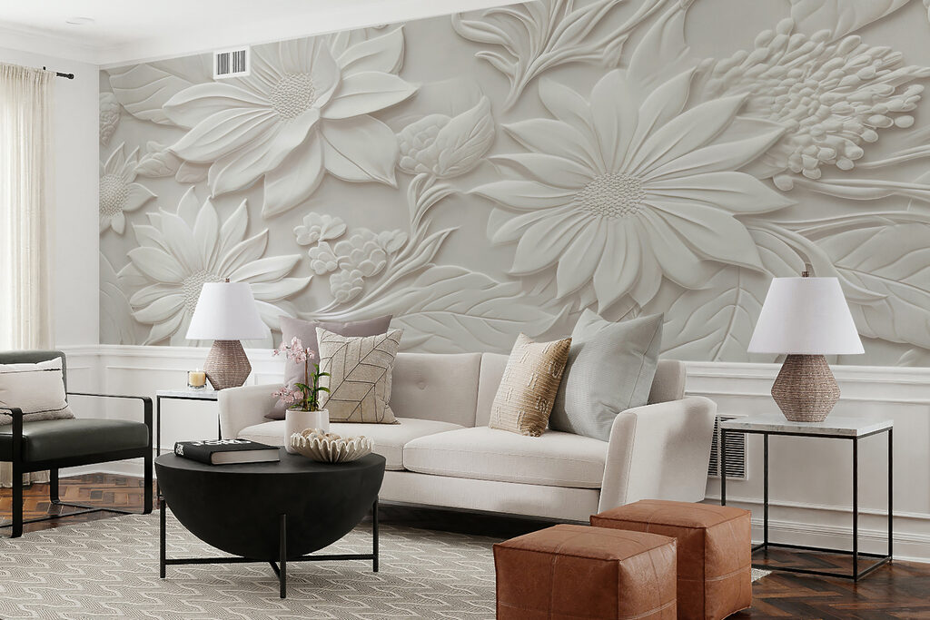 White wall with flowers and leaves