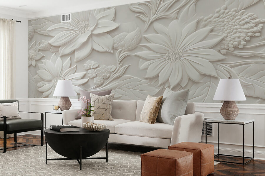 Fototapeten Weiße Wand mit Blumen und Blättern – Bild 4