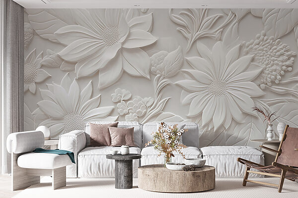 Weiße Wand mit Blumen und Blättern Weiße Wand mit Blumen und Blättern