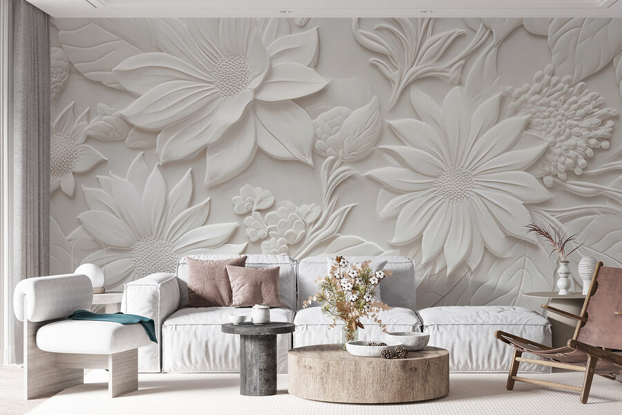 Fototapeten Weiße Wand mit Blumen und Blättern – Bild 5