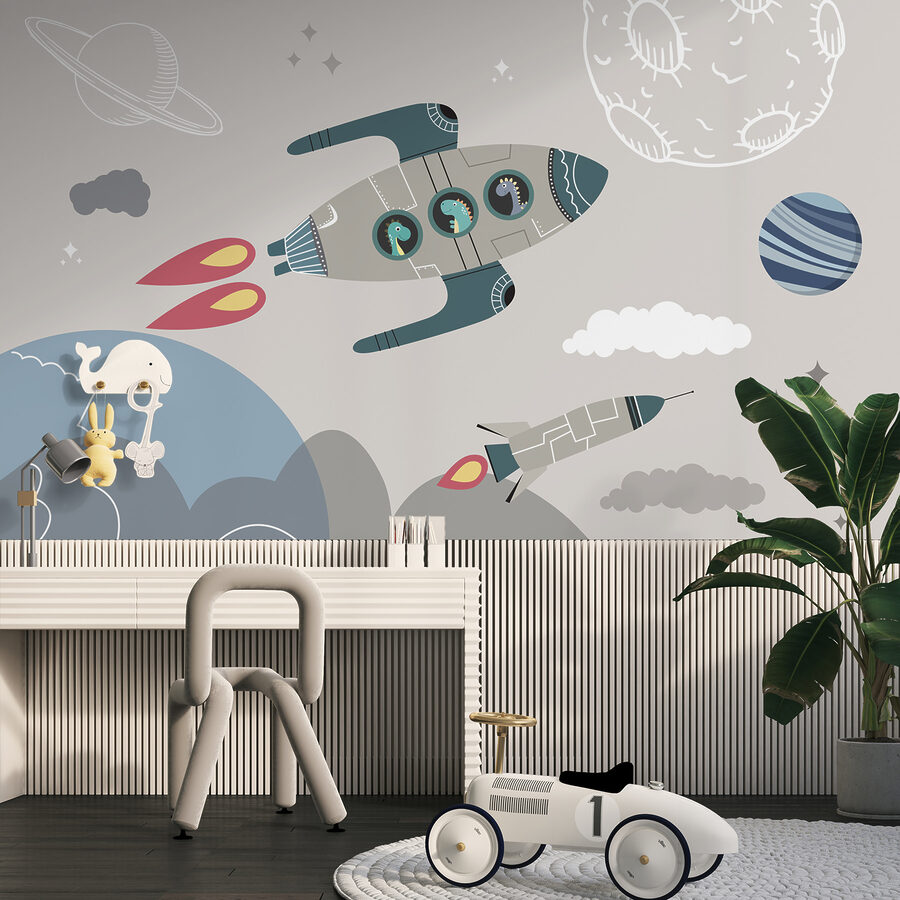 Cartoon-Raketenschiff und Raketen am Himmel