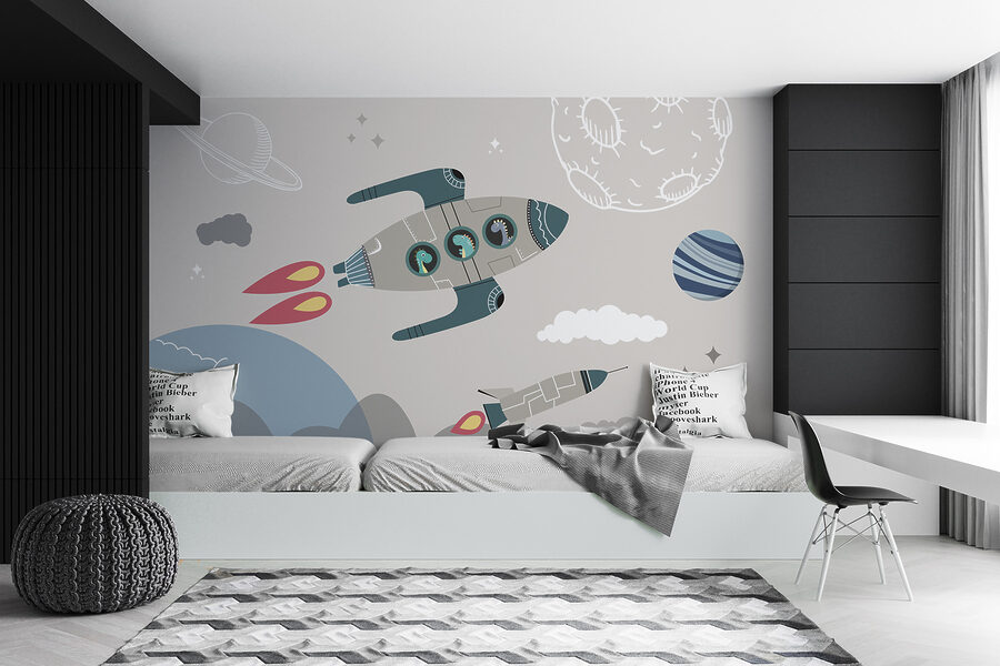 Cartoon-Raketenschiff und Raketen am Himmel