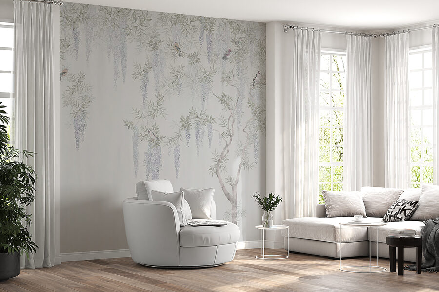 Tapete mit Blumen und Vögeln Tapete mit Blumen und Vögeln