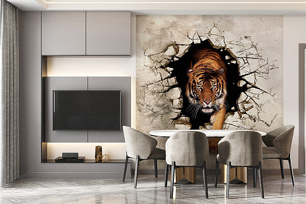 Tiger coming out of a hole in a wall Tiger coming out of a hole in a wall