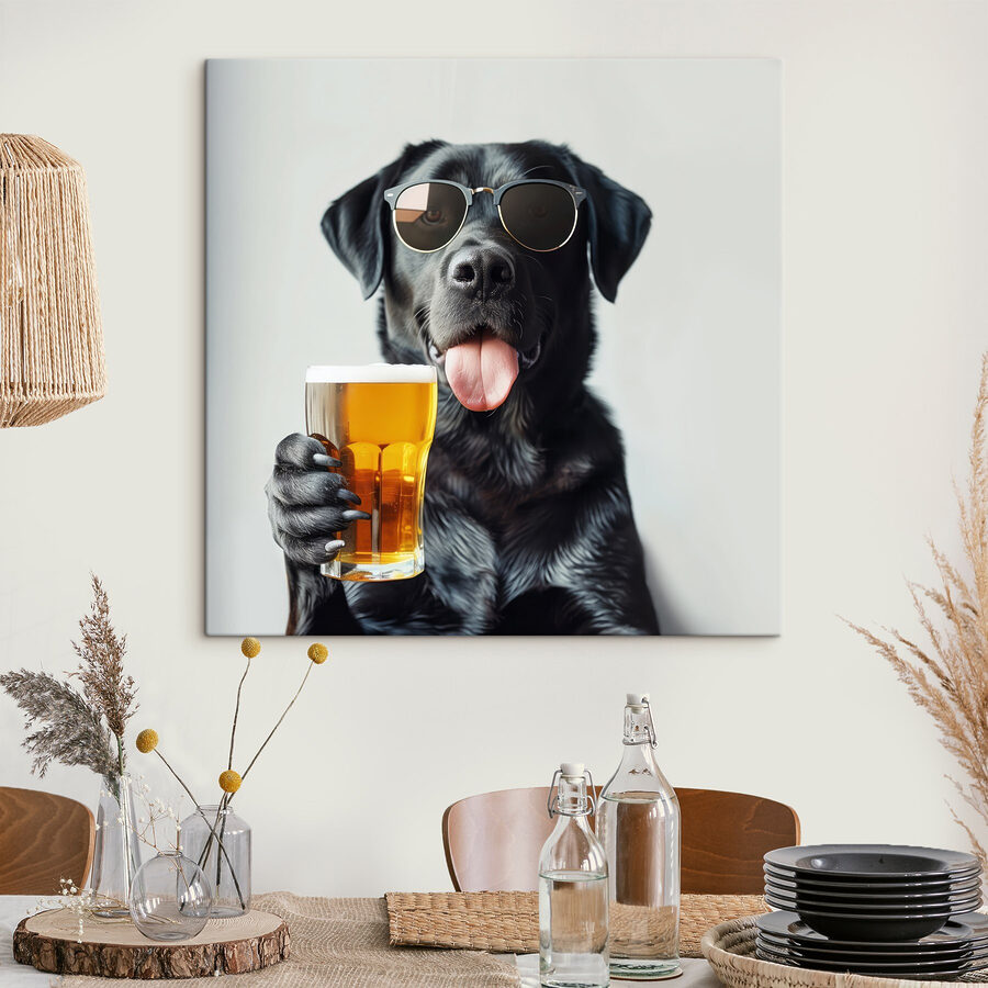 Hund mit Sonnenbrille und einem Glas Bier in der Hand