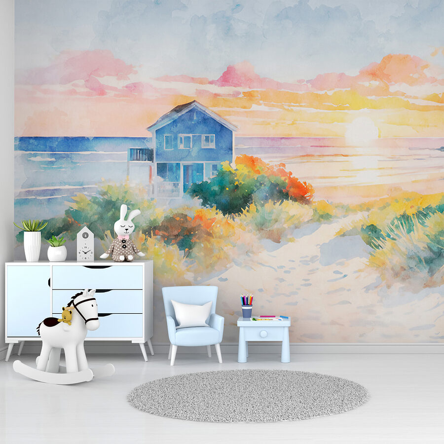 Aquarellmalerei eines Hauses und eines Strandes Aquarellmalerei eines Hauses und eines Strandes