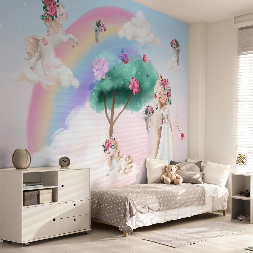 Cartoon of a girl with flowers on her hair and a rainbow