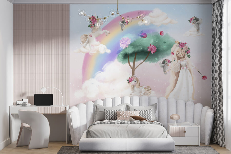 Cartoon eines Mädchens mit Blumen im Haar und einem Regenbogen