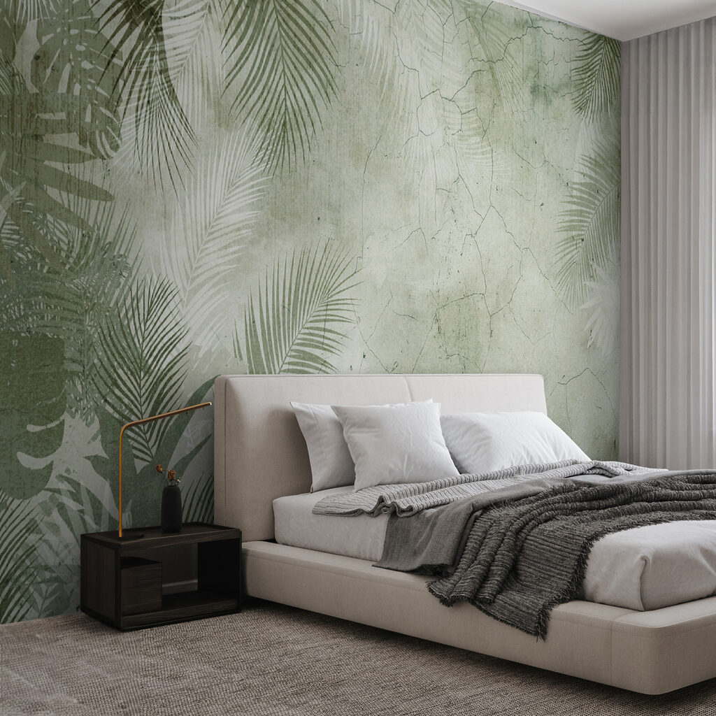 A wall with palm leaves