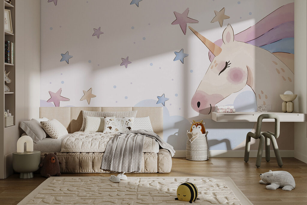 A unicorn with stars and clouds