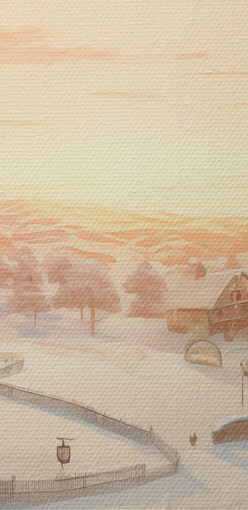 Snow covered village with trees and a fence Snow covered village with trees and a fence