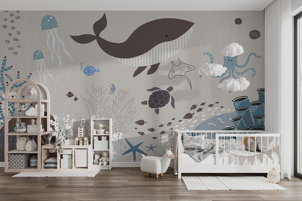 A sea life with a whale and seaweed