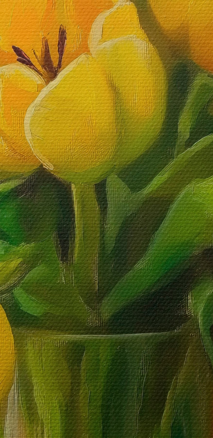 Gemälde von gelben Tulpen in einer Glasvase