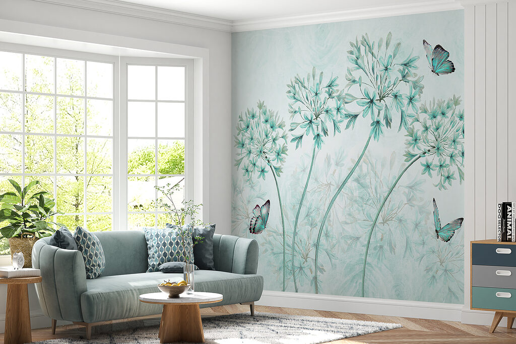 A painting of flowers and butterflies