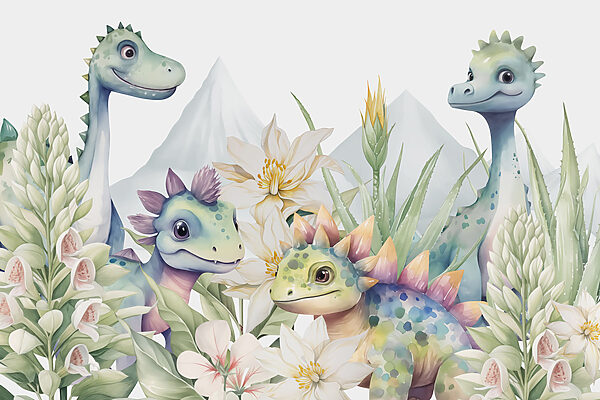 Gruppe von Dinosauriern umgeben von Blumen Gruppe von Dinosauriern umgeben von Blumen