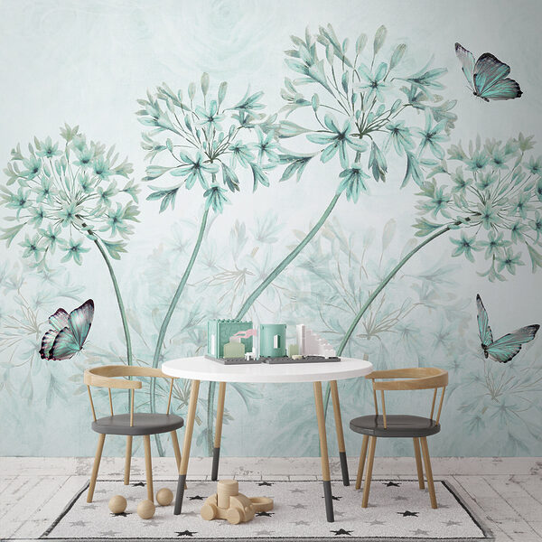 A painting of flowers and butterflies
