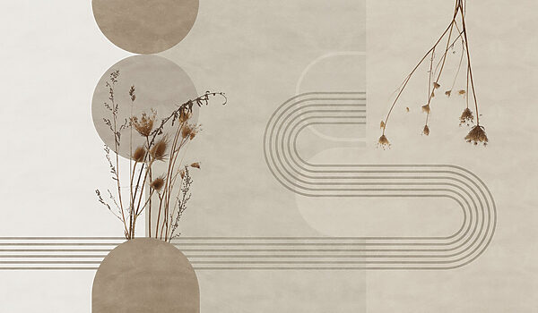 Brown and white background with brown and white circles and plants