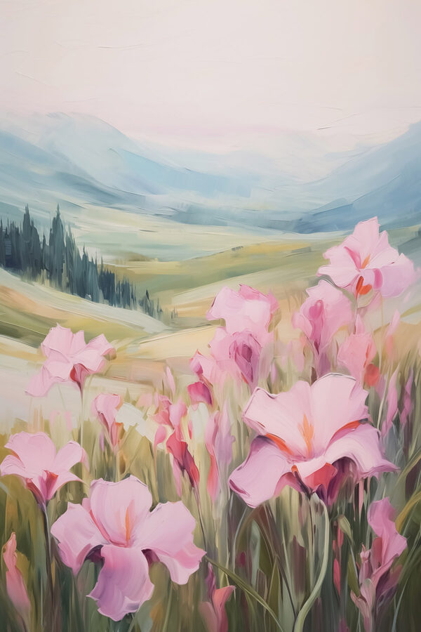 Gemälde von rosa Blumen auf einem Feld Gemälde von rosa Blumen auf einem Feld