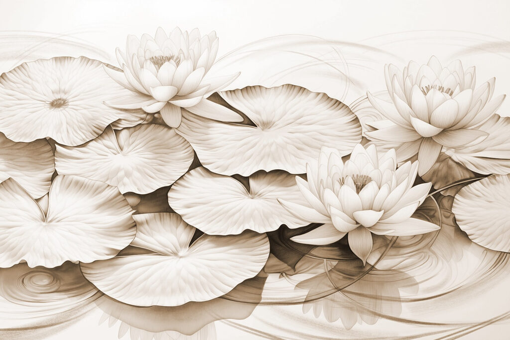 Drawing of lily pads and water lilies