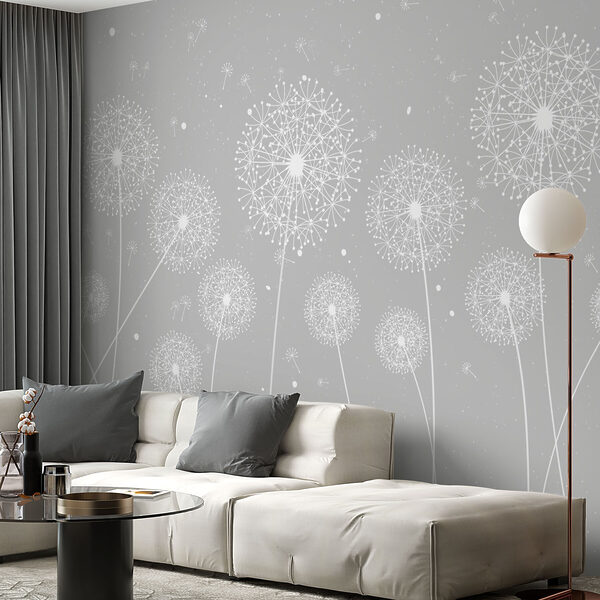 Eine weiße Pusteblume auf grauem Hintergrund Eine weiße Pusteblume auf grauem Hintergrund