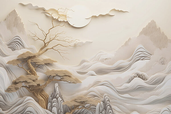 Baum und Berge mit Wolken und Sonne Baum und Berge mit Wolken und Sonne