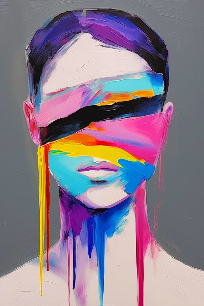 Painting of a woman with colorful paint on her face Painting of a woman with colorful paint on her face