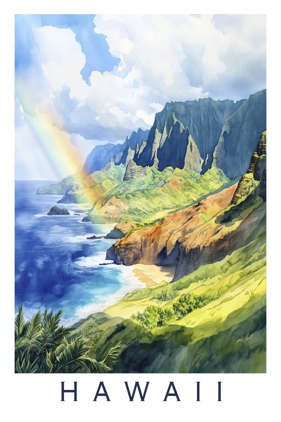 Regenbogen über einem felsigen Strand