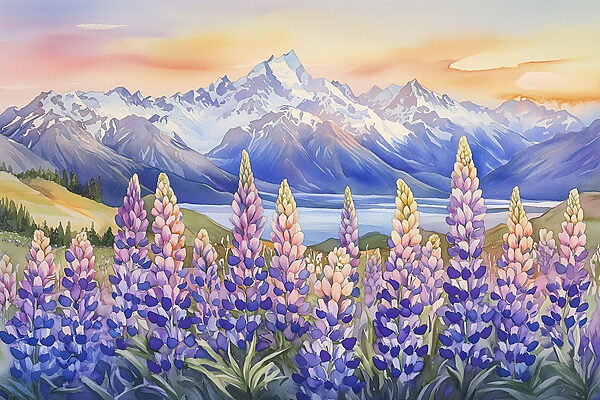 Painting of flowers and mountains