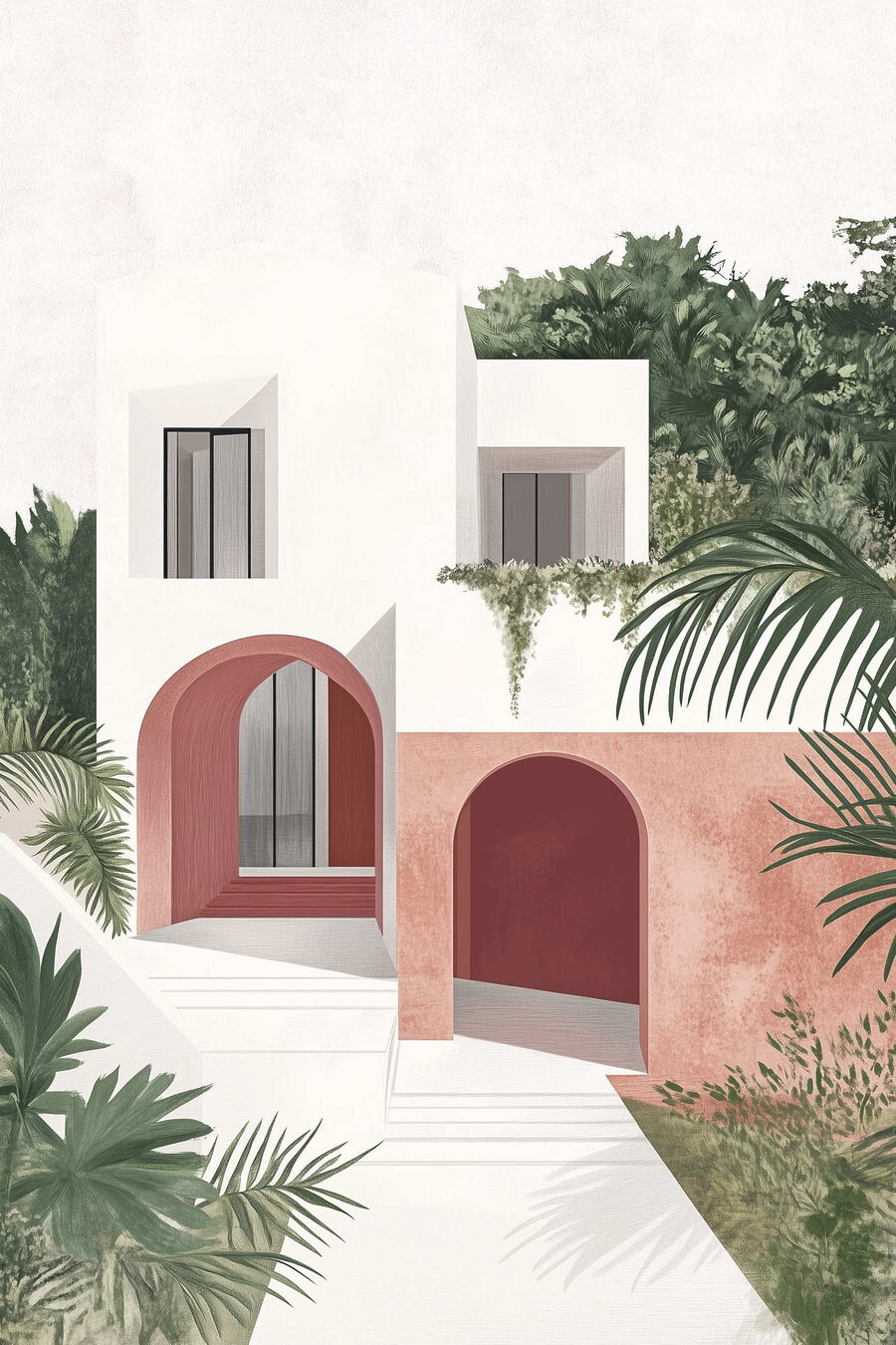 Weißes und rosa Haus mit Bäumen