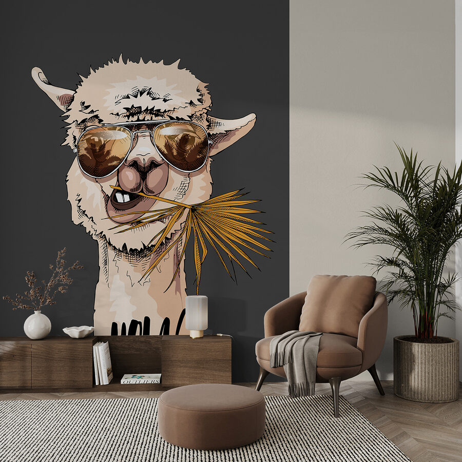 Ein Lama trägt eine Sonnenbrille und frisst ein Blatt Ein Lama trägt eine Sonnenbrille und frisst ein Blatt