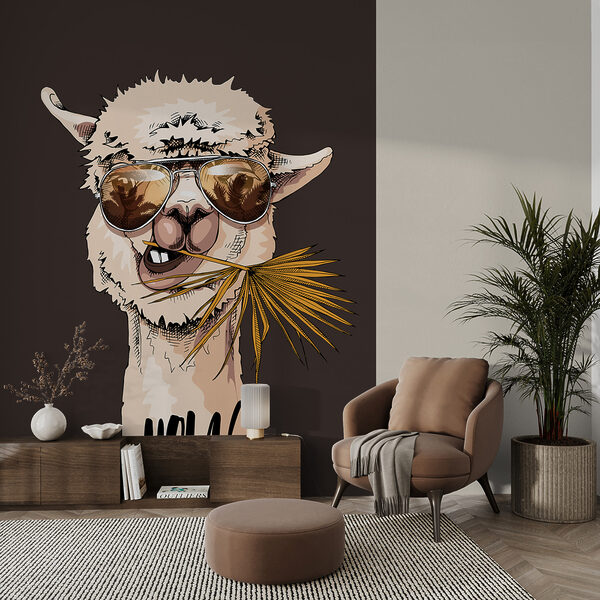 Ein Lama trägt eine Sonnenbrille und frisst ein Blatt Ein Lama trägt eine Sonnenbrille und frisst ein Blatt