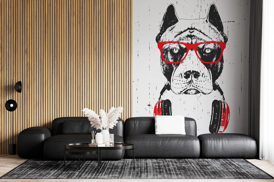 Ein Hund mit Brille und Kopfhörern Ein Hund mit Brille und Kopfhörern