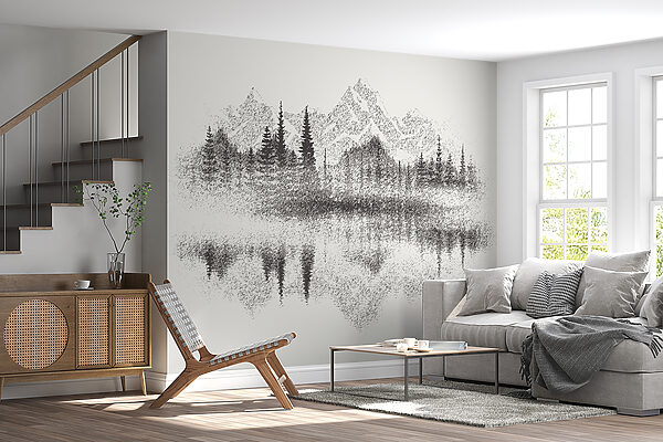 Eine Bergkette und Bäume, die sich in einem See spiegeln Eine Bergkette und Bäume, die sich in einem See spiegeln