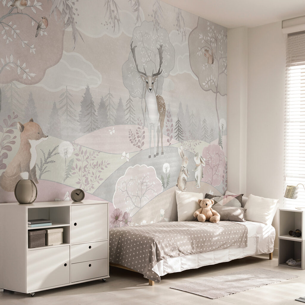 A wallpaper with animals and trees