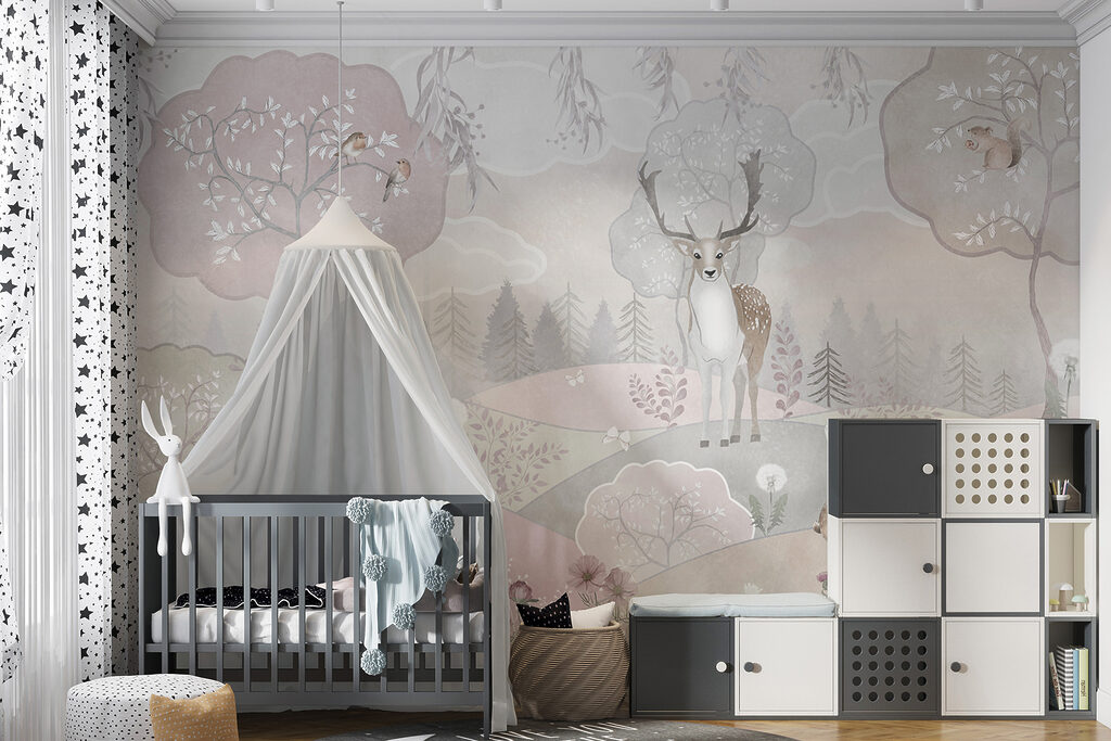A wallpaper with animals and trees