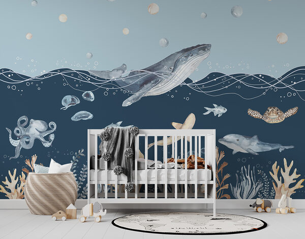 A watercolor of a whale and fish