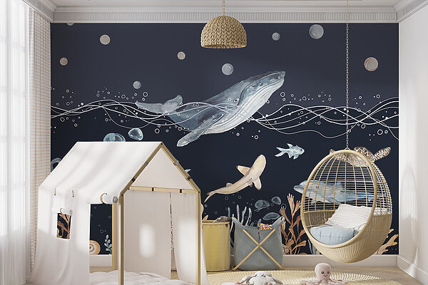 A watercolor of a whale and fish A watercolor of a whale and fish