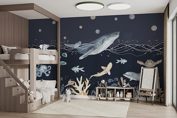 A watercolor of a whale and fish A watercolor of a whale and fish