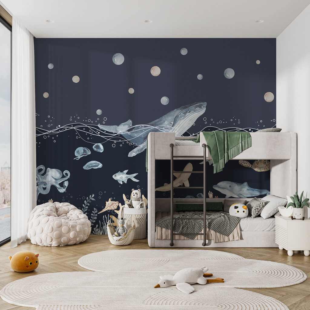 A watercolor of a whale and fish A watercolor of a whale and fish