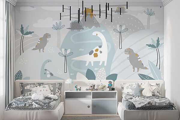 A cartoon dinosaur with a volcano and plants