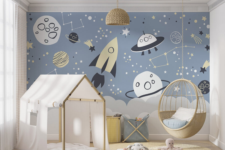 Eine Cartoon-Weltraumszene mit Planeten und Sternen