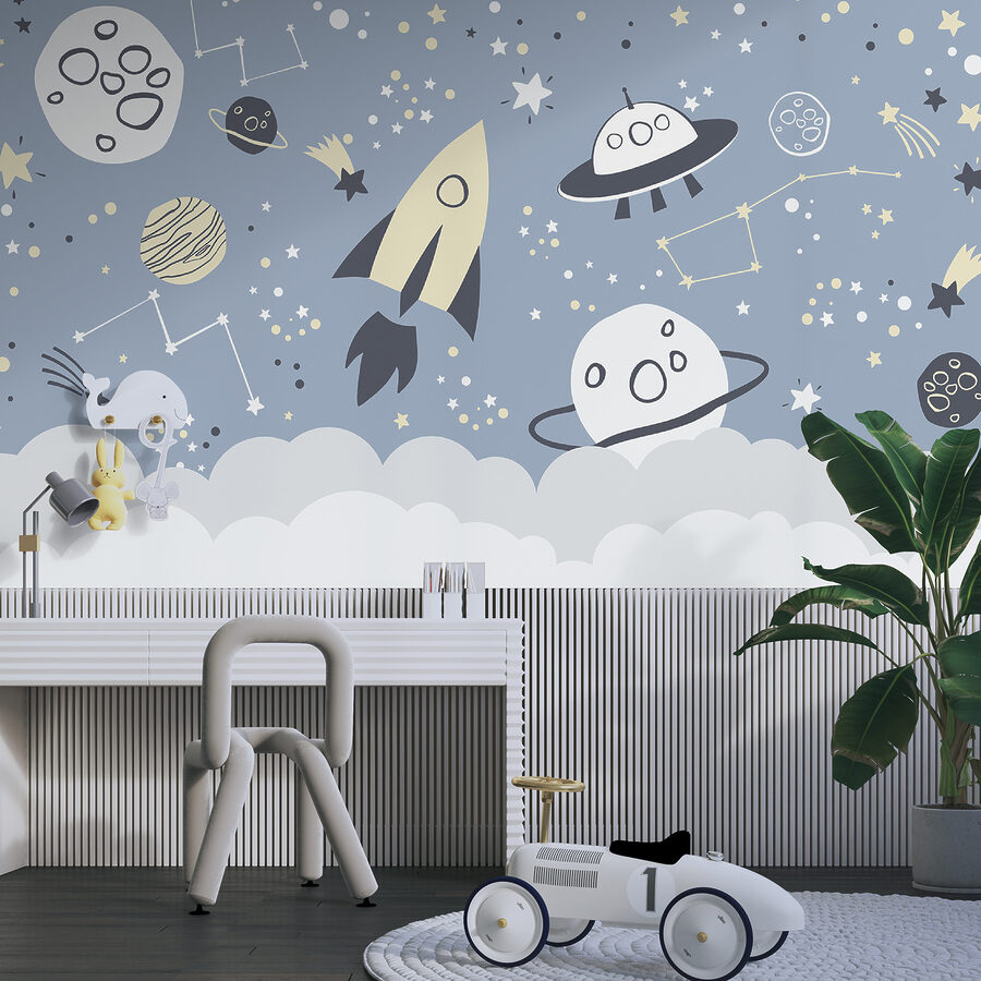 Eine Cartoon-Weltraumszene mit Planeten und Sternen