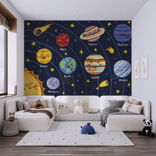 Cartoon planets and stars in space