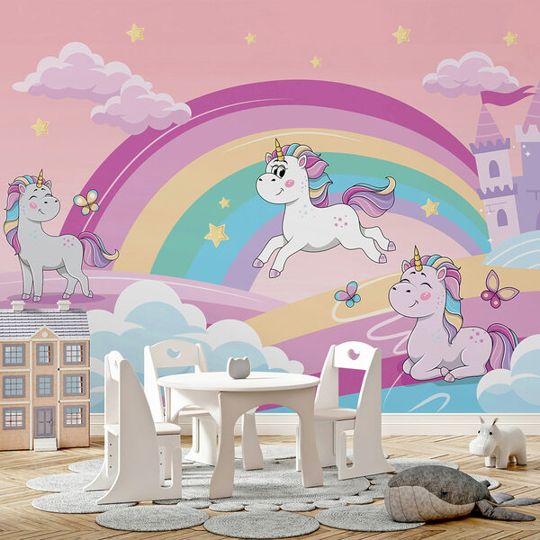 Ein Cartoon-Einhörner und ein Regenbogen Ein Cartoon-Einhörner und ein Regenbogen