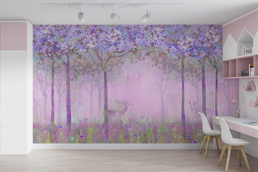 Fototapeten Ein Gemälde eines Waldes mit Blumen – Bild 2