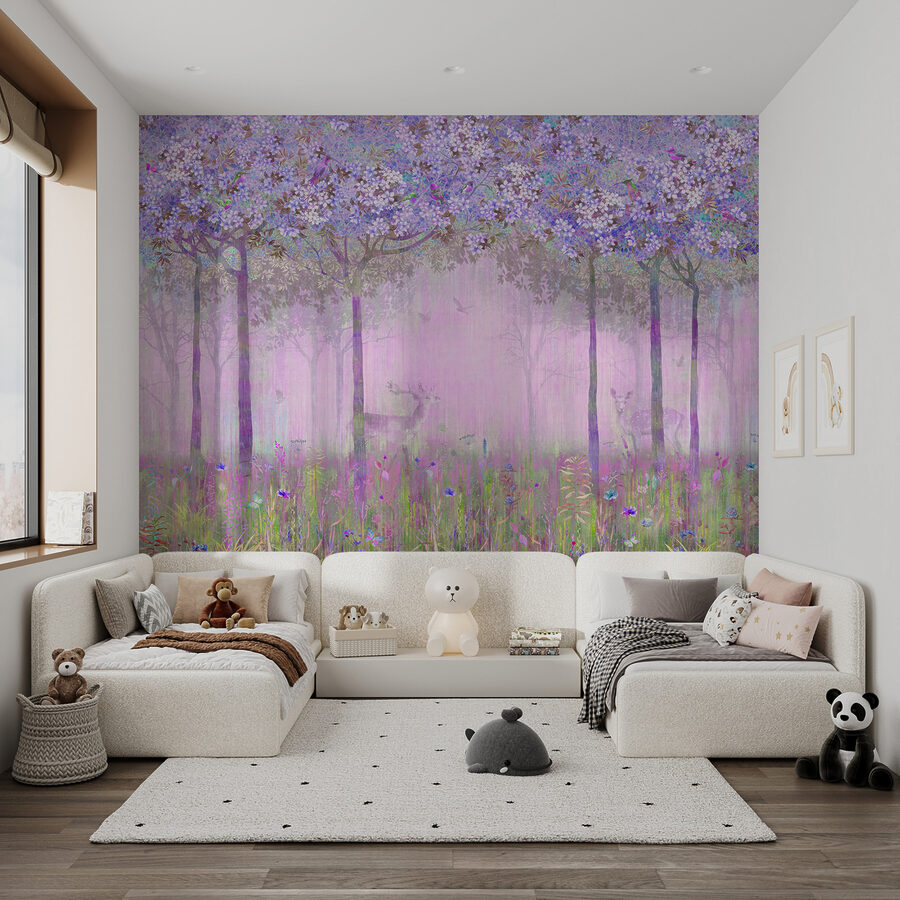 Fototapeten Ein Gemälde eines Waldes mit Blumen – Bild 3