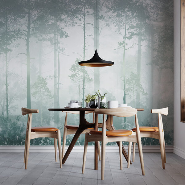 Ein nebliger Wald mit hohen Bäumen Ein nebliger Wald mit hohen Bäumen