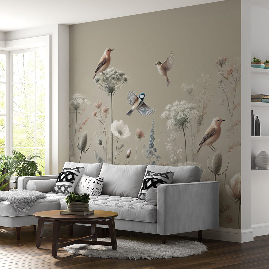 Vögel auf Blumen und Pflanzen