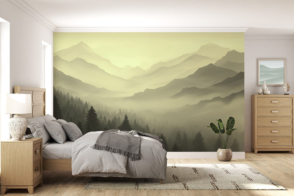 Foggy mountain landscape with trees