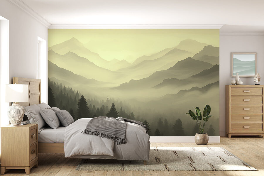 Neblige Berglandschaft mit Bäumen